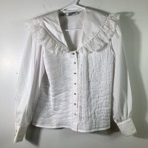 Womens Vintage Josephine Ruffle Collar Pleated Victorian Style Blouse Ivory 8